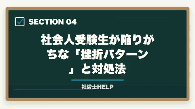 社会人受験生が陥りがちな「挫折パターン」と対処法|社会人の社労士通信講座活用法|働きながら1〜2年合格を狙う戦略【2026年】の図解