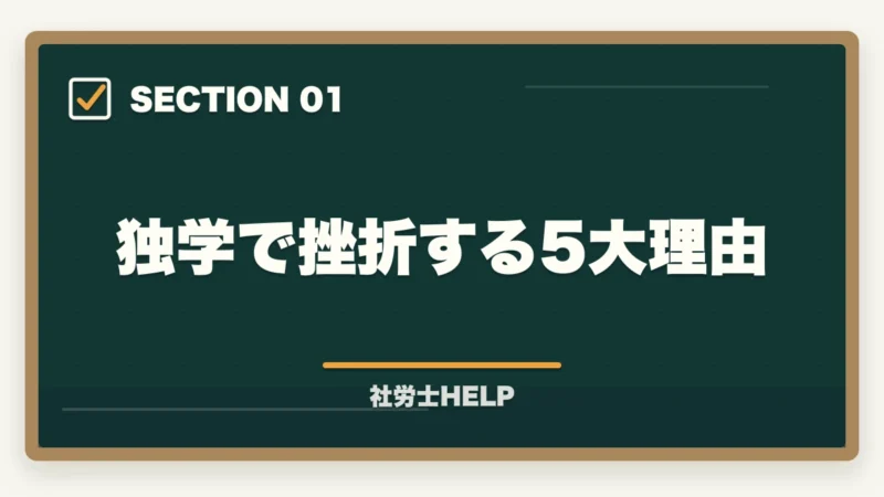 独学で挫折する5大理由|社労士の独学に限界を感じたら│挫折の原因と通信講座への切替タイミングの図解