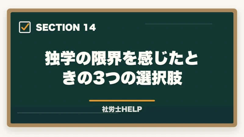 独学の限界を感じたときの3つの選択肢|社労士の独学に限界を感じたら│挫折の原因と通信講座への切替タイミングの図解