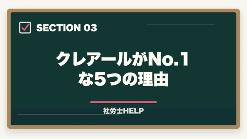 クレアールがNo.1な5つの理由｜社労士通信講座おすすめランキング2026【徹底比較】クレアールが選ばれる理由の図解