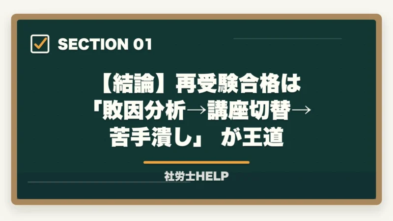 【結論】再受験合格は 「敗因分析→講座切替→苦手潰し」 が王道｜社労士試験に落ちた…再受験で合格するための立て直し方【2年目の学習戦略】の図解