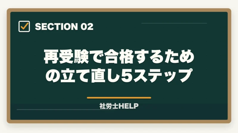 再受験で合格するための立て直し5ステップ｜社労士試験に落ちた…再受験で合格するための立て直し方【2年目の学習戦略】の図解