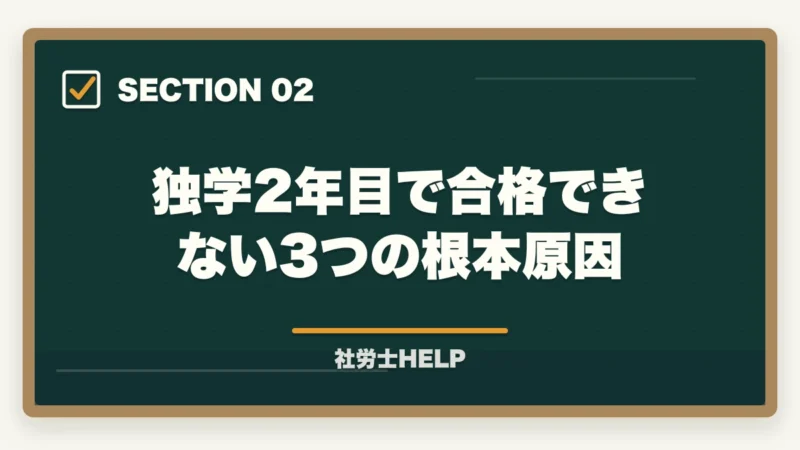 独学2年目で合格できない3つの根本原因｜社労士試験を独学2年目で合格するのは難しい？合格者が解説する切替判断基準｜2026年版の図解