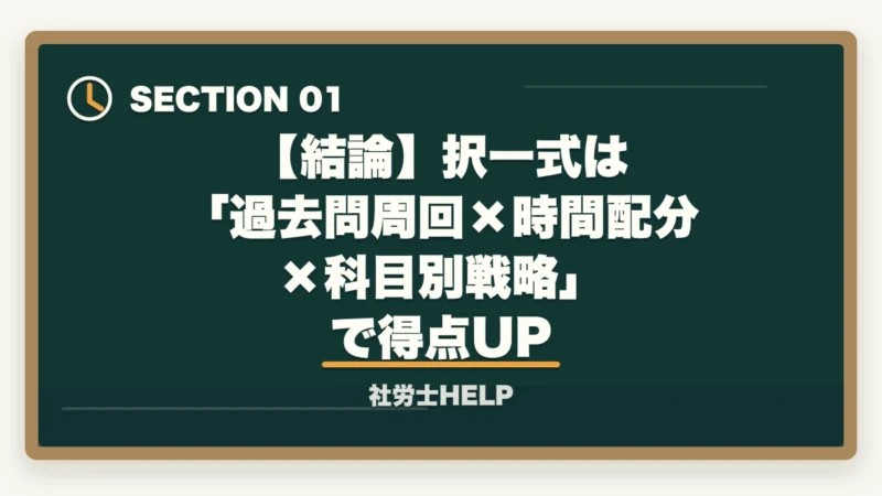 【結論】択一式は 「過去問周回×時間配分×科目別戦略」 で得点UP|社労士試験の択一式で点数を上げるコツ【科目別対策と時間配分2026】の図解