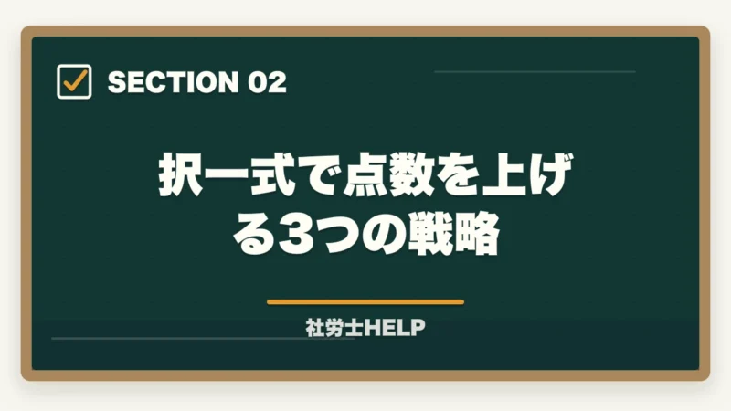 択一式で点数を上げる3つの戦略|社労士試験の択一式で点数を上げるコツ【科目別対策と時間配分2026】の図解