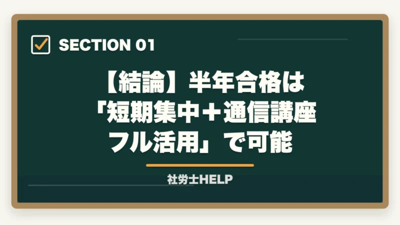 【結論】半年合格は 「短期集中＋通信講座フル活用」で可能｜社労士 半年合格は可能？短期集中スケジュールと勉強法【2026年版】の図解
