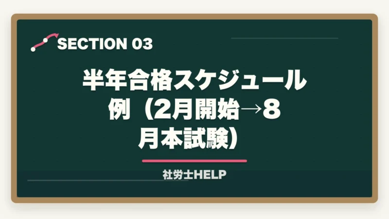半年合格スケジュール例（2月開始→8月本試験）｜社労士 半年合格は可能？短期集中スケジュールと勉強法【2026年版】の図解