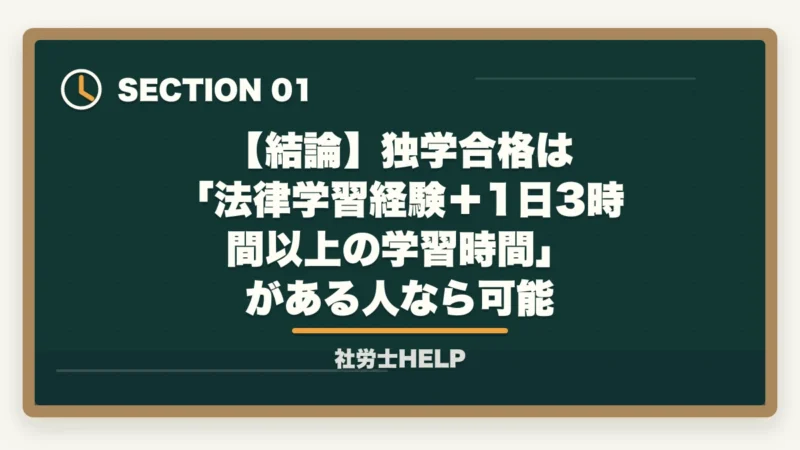 【結論】独学合格は 「法律学習経験＋1日3時間以上の学習時間」 がある人なら可能｜社労士は独学で合格できる？合格者が解説する判断基準と現実的な選択肢【2026年版】の図解