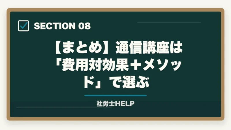 【まとめ】通信講座は「費用対効果+メソッド」で選ぶ|社労士通信講座のコスパ徹底比較|費用対効果で選ぶ節約テク【2026年】の図解