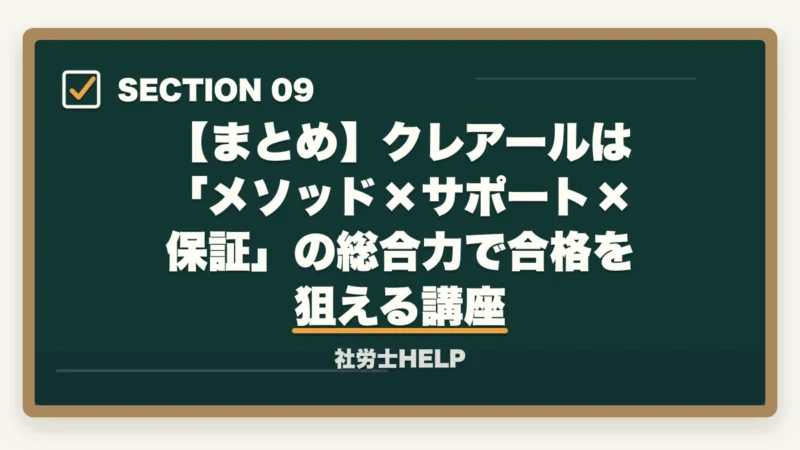 【まとめ】クレアールは「メソッド×サポート×保証」の総合力で合格を狙える講座|クレアール社労士講座の評判・口コミ|合格者が本音レビュー【2026年最新】の図解
