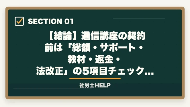 【結論】通信講座の契約前は「総額・サポート・教材・返金・法改正」の5項目チェックが鉄則|社労士通信講座 契約前チェックリスト|後悔しない5項目と追加費用の落とし穴【2026年】の図解
