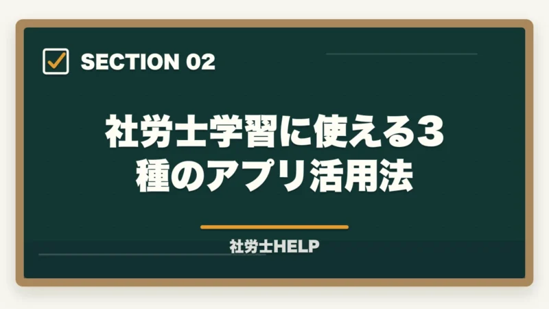 社労士学習に使える3種のアプリ活用法|社労士試験のスマホ学習アプリ活用法|3種使い分けでスキマ時間を得点化【2026年】の図解