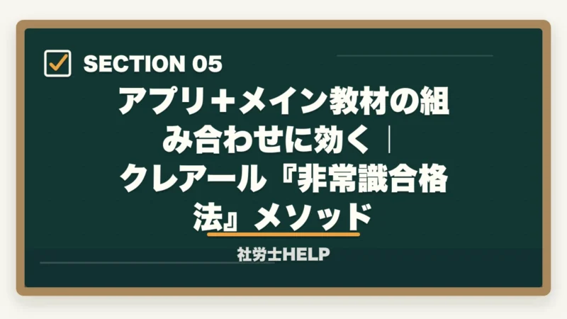 アプリ+メイン教材の組み合わせに効く|クレアール『非常識合格法』メソッド|社労士試験のスマホ学習アプリ活用法|3種使い分けでスキマ時間を得点化【2026年】の図解