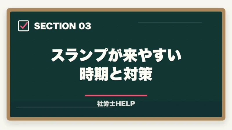 スランプが来やすい時期と対策｜社労士試験のモチベーション維持法7選【長期学習を完走する仕組みを合格者が解説】の図解