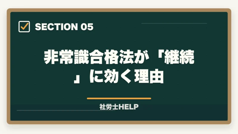 非常識合格法が「継続」に効く理由｜社労士試験のモチベーション維持法7選【長期学習を完走する仕組みを合格者が解説】の図解
