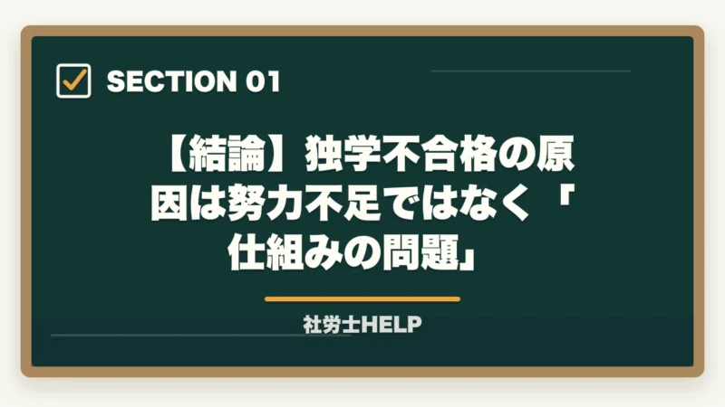 【結論】独学不合格の原因は努力不足ではなく「仕組みの問題」｜社労士試験に独学で落ちた5つの理由と通信講座への切り替えで合格できる理由【2026年】の図解