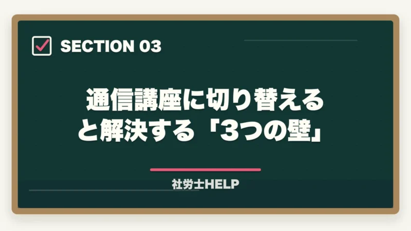 通信講座に切り替えると解決する「3つの壁」｜社労士試験に独学で落ちた5つの理由と通信講座への切り替えで合格できる理由【2026年】の図解