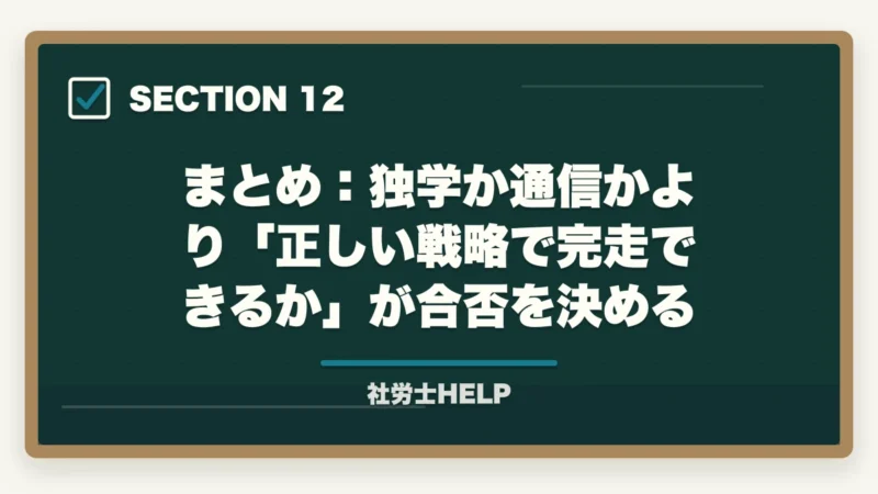 まとめ:独学か通信かより「正しい戦略で完走できるか」が合否を決める|社労士独学は可能か?合格者が語る現実と最短合格の方法【2026年版】の図解