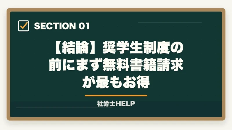 【結論】奨学生制度の前にまず無料書籍請求が最もお得｜クレアール社労士講座の奨学生制度とは？割引内容・応募方法・最もお得な入会フロー【2026年版】の図解