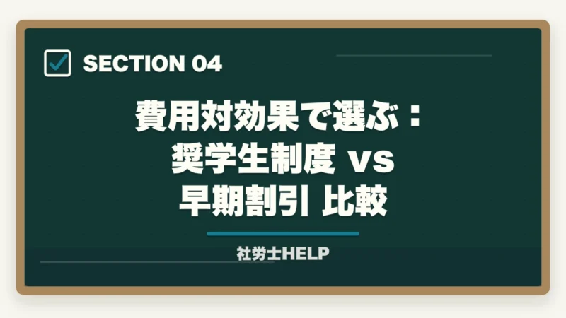 費用対効果で選ぶ：奨学生制度 vs 早期割引 比較｜クレアール社労士講座の奨学生制度とは？割引内容・応募方法・最もお得な入会フロー【2026年版】の図解