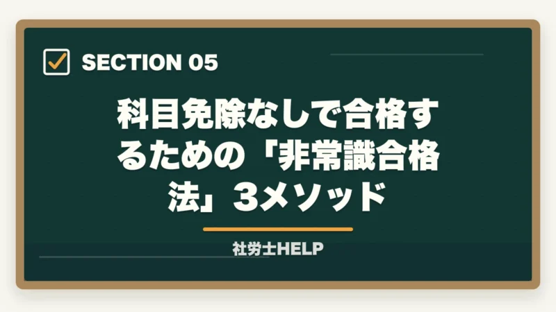 科目免除なしで合格するための「非常識合格法」3メソッド｜社労士試験の科目免除制度【2026年版】対象者・申請手順・免除なしの最短合格戦略の図解