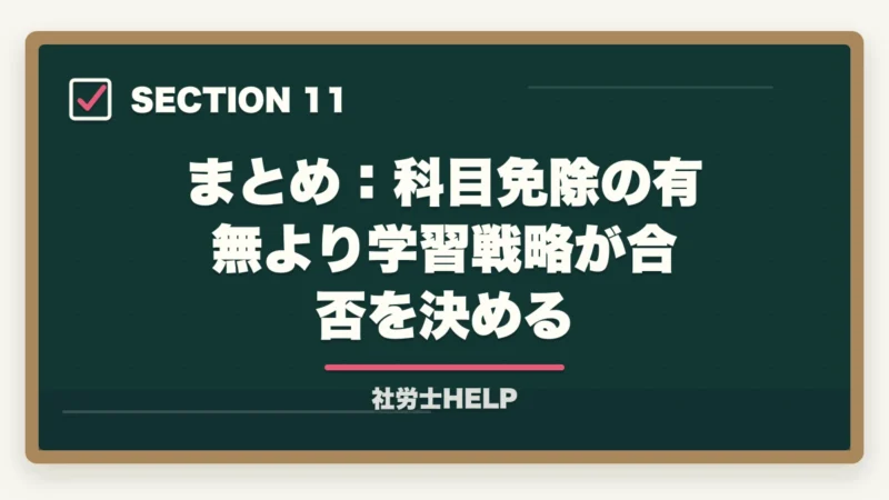 まとめ：科目免除の有無より学習戦略が合否を決める｜社労士試験の科目免除制度【2026年版】対象者・申請手順・免除なしの最短合格戦略の図解