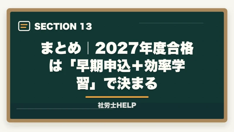まとめ｜2027年度合格は「早期申込＋効率学習」で決まる｜クレアール社労士講座2027年度版【最新の料金・割引・合格実績を徹底解説】の図解