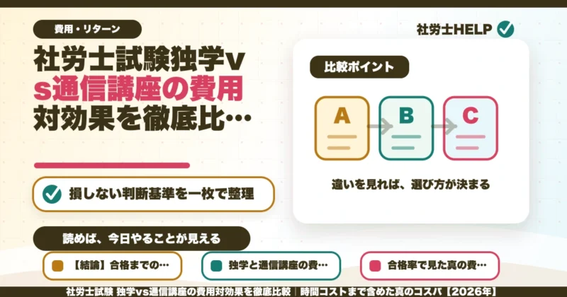 社労士試験 独学vs通信講座の費用対効果を徹底比較｜時間コストまで含めた真のコスパ【2026年】のアイキャッチ画像