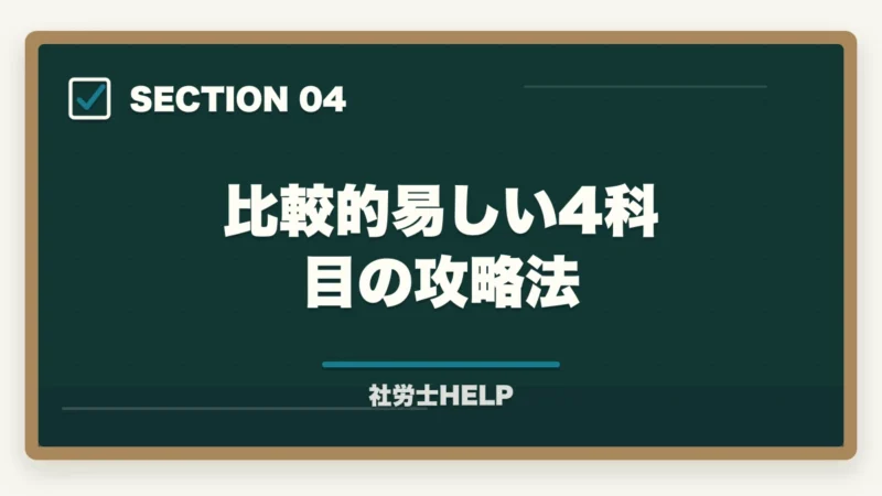 比較的易しい4科目の攻略法|社労士試験で難しい科目ランキング|各科目の難易度と効率的な攻略法の図解