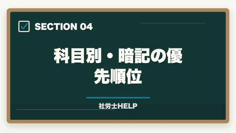 科目別・暗記の優先順位|社労士試験の暗記・語呂合わせ記憶テクニック|数字・条文を効率よく覚える方法の図解