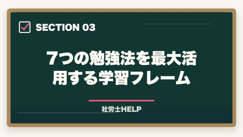 7つの勉強法を最大活用する学習フレーム|社労士試験の効率的勉強法7選|合格者が実践した最短合格のコツ【2026年】の図解