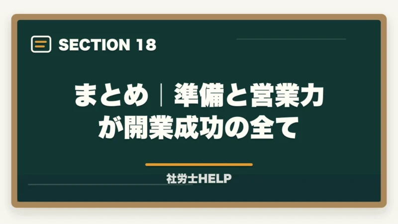 まとめ｜準備と営業力が開業成功の全て｜社労士で開業して失敗しないために｜よくある失敗例と成功のコツの図解
