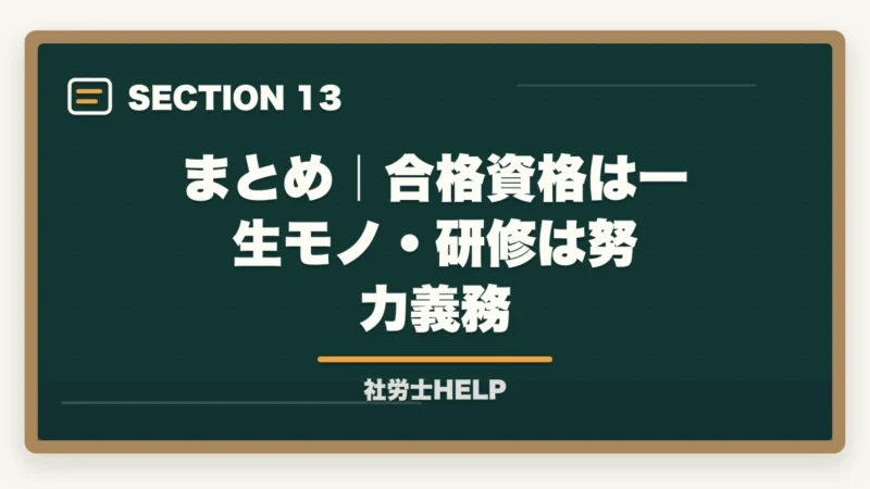 まとめ｜合格資格は一生モノ・研修は努力義務｜社労士の資格更新は必要？継続研修・CPD制度をわかりやすく解説の図解