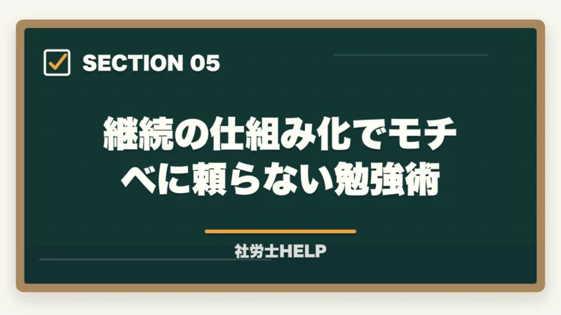 継続の仕組み化でモチベに頼らない勉強術｜社労士試験の勉強モチベーションを維持する方法｜挫折しないコツ8選の図解