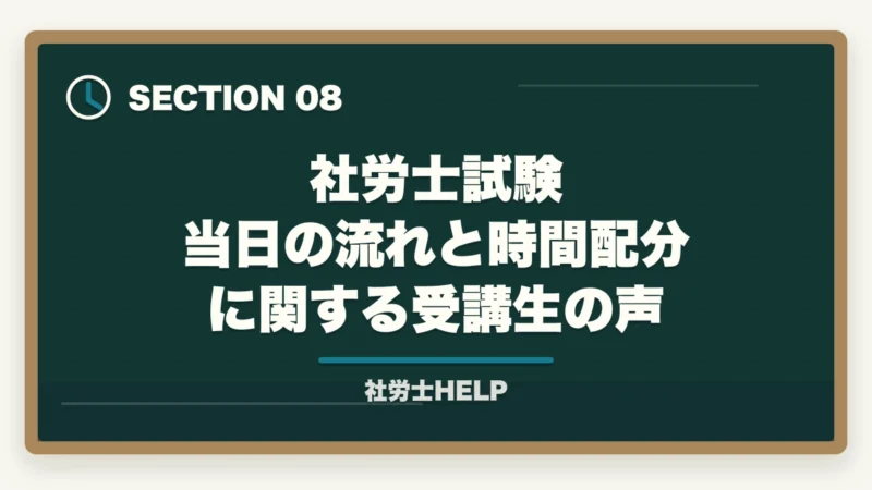 社労士試験 当日の流れと時間配分に関する受講生の声｜社労士試験 当日の流れ・タイムスケジュール｜試験開始から終了まで解説の図解