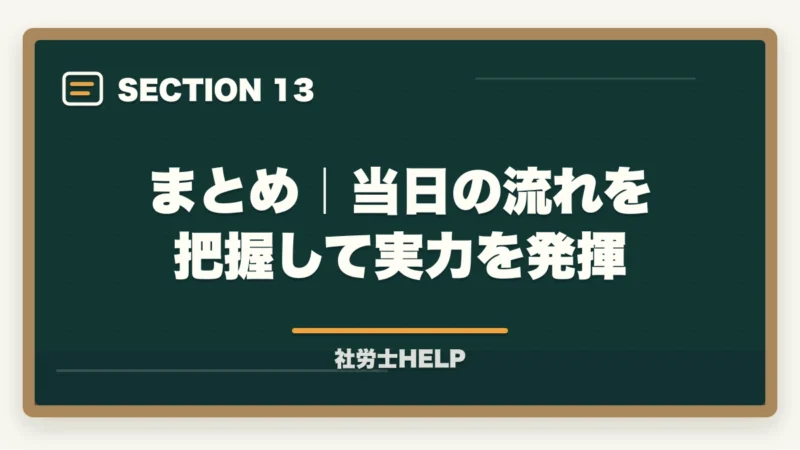 まとめ｜当日の流れを把握して実力を発揮｜社労士試験 当日の流れ・タイムスケジュール｜試験開始から終了まで解説の図解