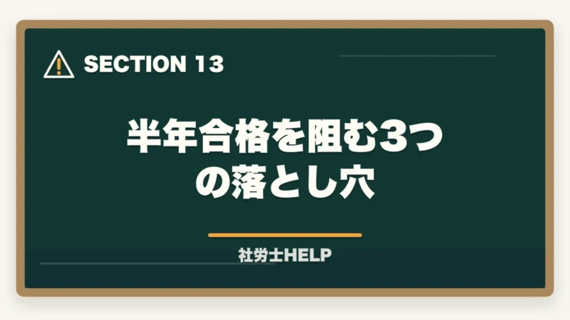 半年合格を阻む3つの落とし穴｜社労士試験を半年（6ヶ月）で合格するためのスケジュールと学習計画の図解