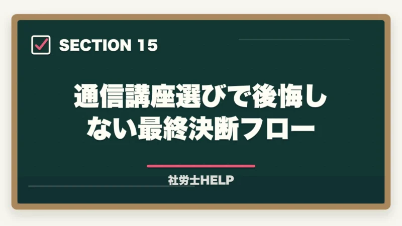 通信講座選びで後悔しない最終決断フロー｜社労士通信講座の選び方ポイント5つ｜初心者が失敗しないための比較ガイドの図解