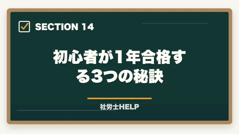 初心者が1年合格する3つの秘訣｜【初心者向け】社労士試験の始め方ステップガイド｜合格までの7ステップの図解