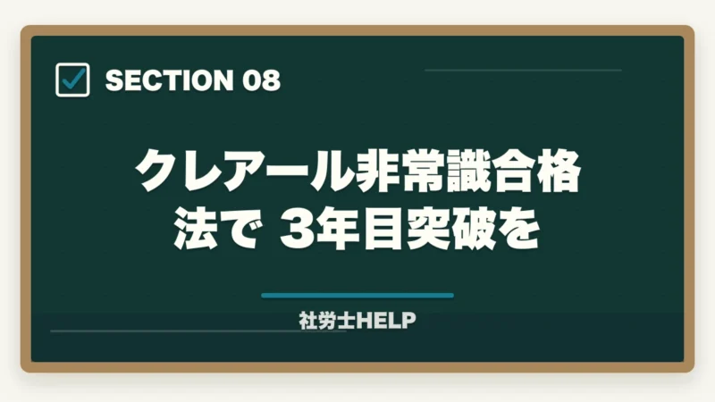 クレアール非常識合格法で3年目突破を｜社労士試験3年目以降の再挑戦｜不合格続きから抜け出す勉強法と対策の図解