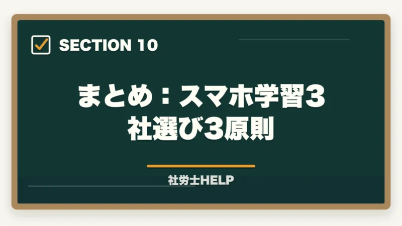 まとめ：スマホ学習3社選び3原則｜社労士通信講座のスマートフォン学習を比較｜クレアール・スタディング・LECの図解
