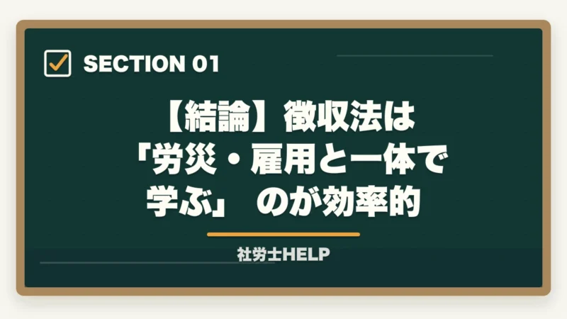 【結論】徴収法は 「労災・雇用と一体で学ぶ」 のが効率的|社労士試験「徴収法」の効果的な勉強法・頻出テーマ・攻略ポイントを合格者が解説の図解