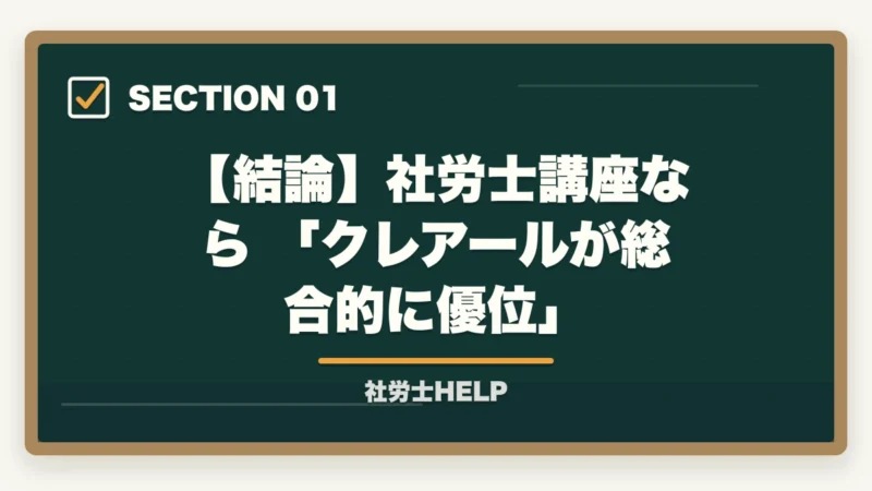 【結論】社労士講座なら 「クレアールが総合的に優位」|クレアール vs アガルート 社労士講座を徹底比較|費用・教材・合格実績の違い【2026年版】の図解