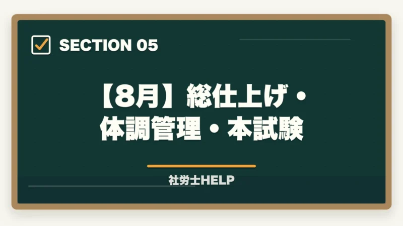 【8月】総仕上げ・体調管理・本試験｜社労士試験2026年 5〜8月 月別学習ロードマップ｜残り4ヶ月の完全スケジュールの図解